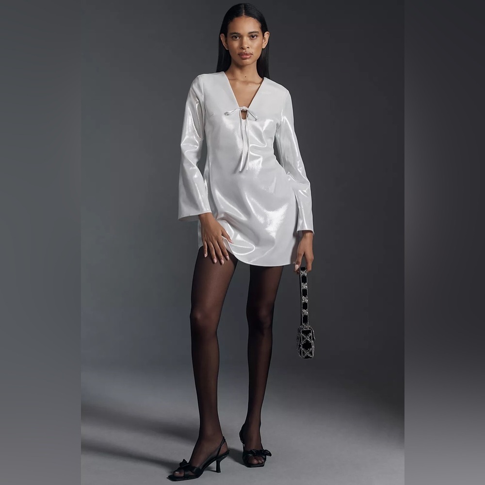 Anthropologie Long Sleeve V-Neck Metallic Mini Dress S